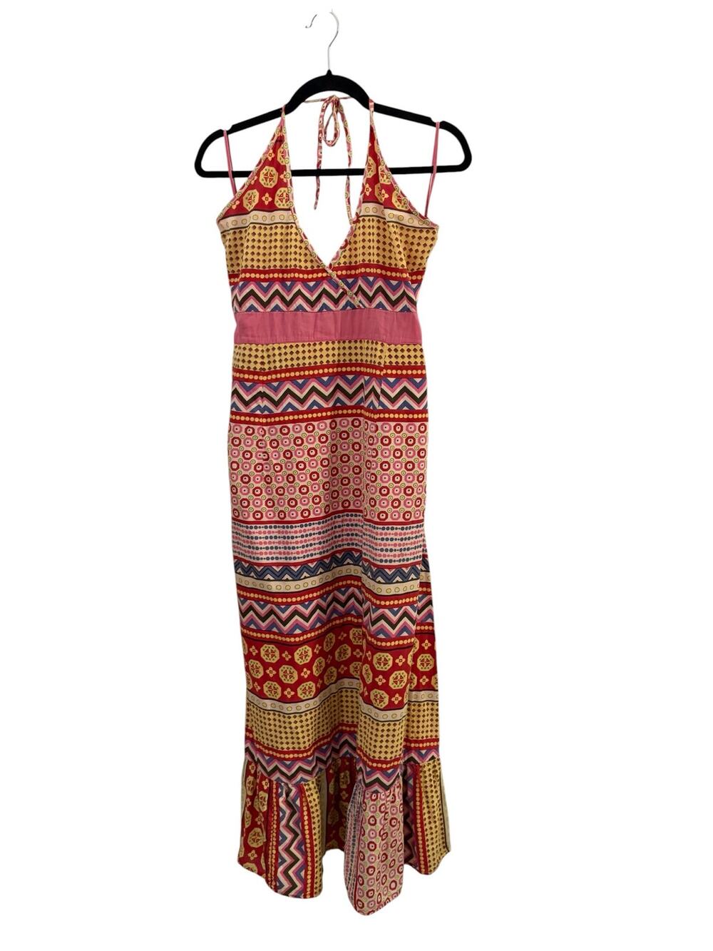 Funky People Boho Vibrant Geometric Maxi Sun Dress M Ruffle Hem Ties at Neck